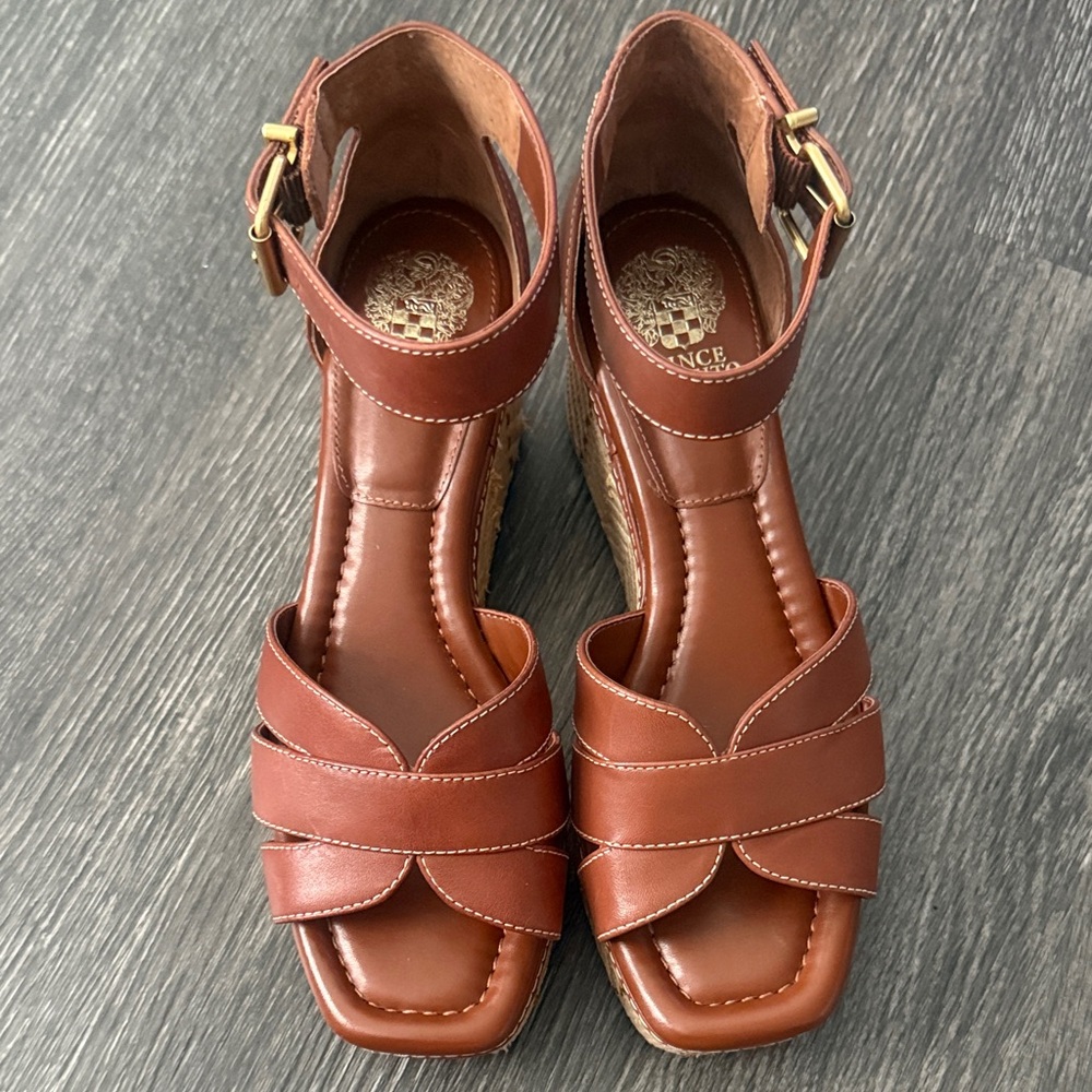 Vince Camuto Cognac Leather Platform Wedge Sandals with Ankle Strap - Picture 2 of 9